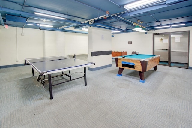 recreation room with pool table and carpet