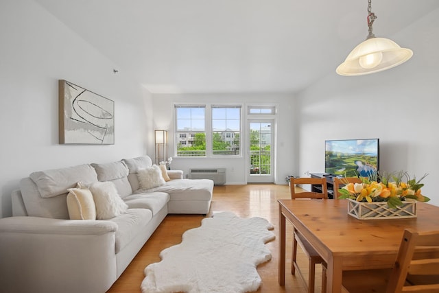 30 Freedom Way Unit 306, Jersey City, NJ 07305 - living room with light wood-style flooring, a wall mounted AC, and lofted ceiling