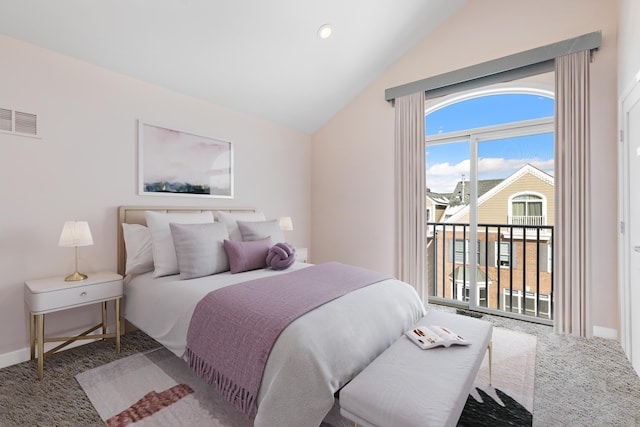 bedroom featuring vaulted ceiling, access to outside, carpet flooring, and visible vents