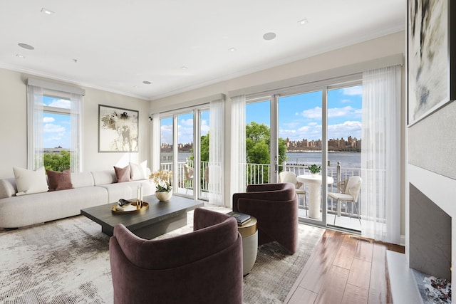 living room with crown molding, a water view, and wood finished floors