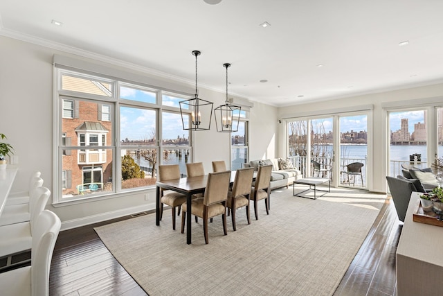 dining area with a water view, a chandelier, a healthy amount of sunlight, and wood finished floors