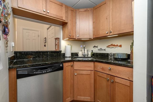 187 Wayne St Unit 205, Jersey City, NJ 07302 - kitchen with dishwasher, a sink, and dark stone counters