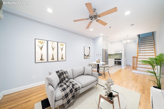 117 Clinton St Unit 2Fs, Hoboken, NJ 07030 - living area featuring stairs, recessed lighting, baseboards, light wood-type flooring, and a ceiling fan