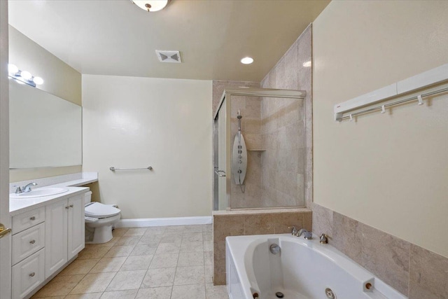 217 The Promenade Unit 217, Edgewater, NJ 07020 - bathroom featuring a stall shower, vanity, a tub with jets, toilet, and recessed lighting