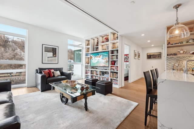 living area with recessed lighting, baseboards, and light wood finished floors