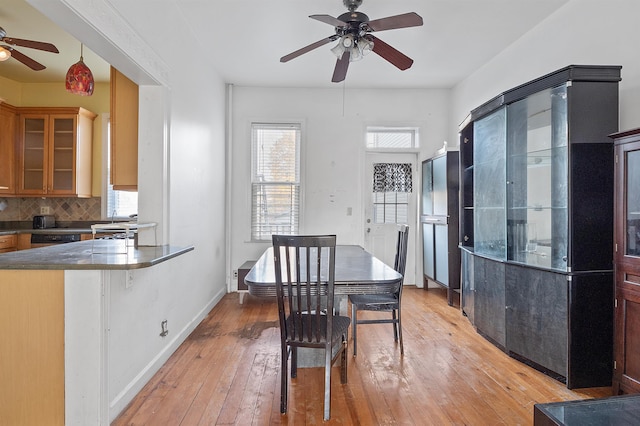 dining area featuring ceiling fan and light wood-type flooring