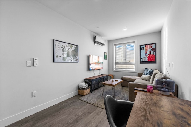 office featuring dark hardwood / wood-style flooring and a wall unit AC