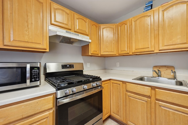 kitchen featuring light brown cabinetry, sink, and appliances with stainless steel finishes