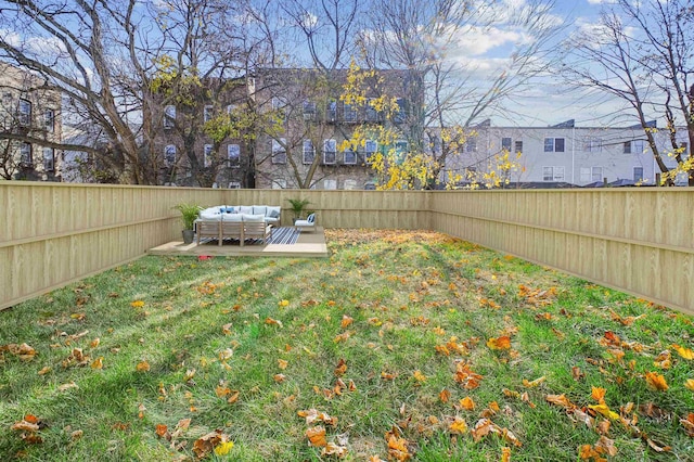 view of yard featuring an outdoor living space and a patio