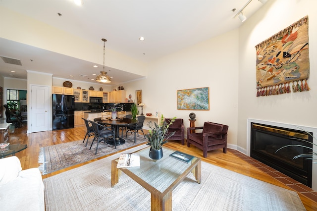 101 Park Ave Unit 3A, Hoboken, NJ 07030 - living area featuring light wood-style floors, a glass covered fireplace, recessed lighting, and a towering ceiling