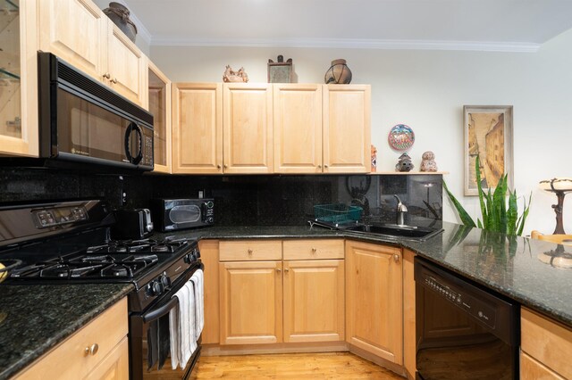 101 Park Ave Unit 3A, Hoboken, NJ 07030 - kitchen featuring black appliances, ornamental molding, a sink, light brown cabinetry, and decorative backsplash