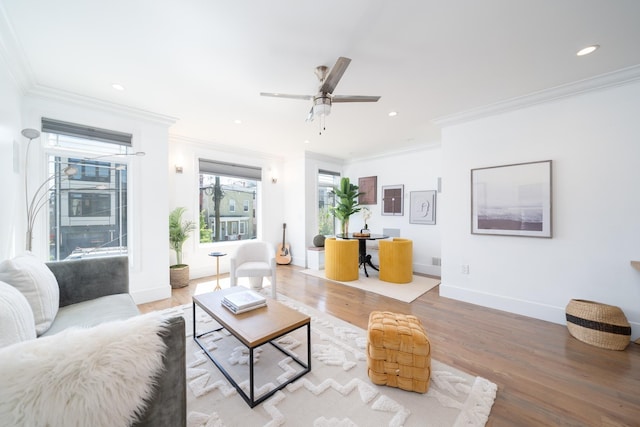 104 Poplar St Unit 1, Jersey City, NJ 07307 - living area featuring crown molding, wood finished floors, ceiling fan, and recessed lighting
