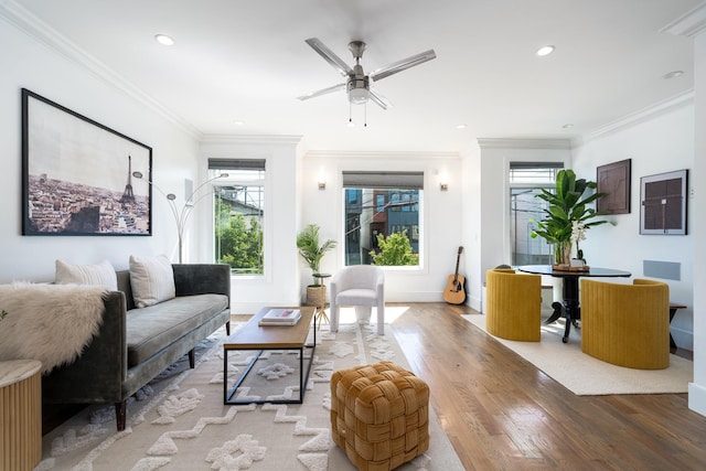104 Poplar St Unit 1, Jersey City, NJ 07307 - living area with wood finished floors, recessed lighting, crown molding, and ceiling fan