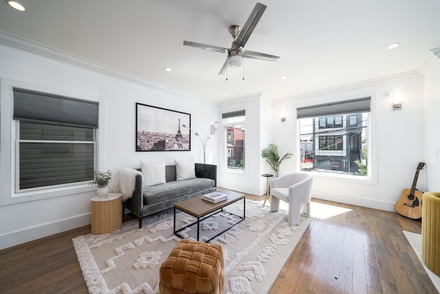 104 Poplar St Unit 1, Jersey City, NJ 07307 - living room with hardwood / wood-style flooring, a ceiling fan, ornamental molding, and recessed lighting