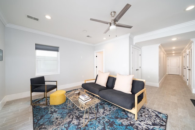 104 Poplar St Unit 1, Jersey City, NJ 07307 - living area featuring ceiling fan, ornamental molding, light wood-style flooring, and recessed lighting