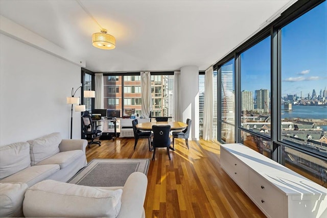 living room featuring hardwood / wood-style floors and a wall of windows