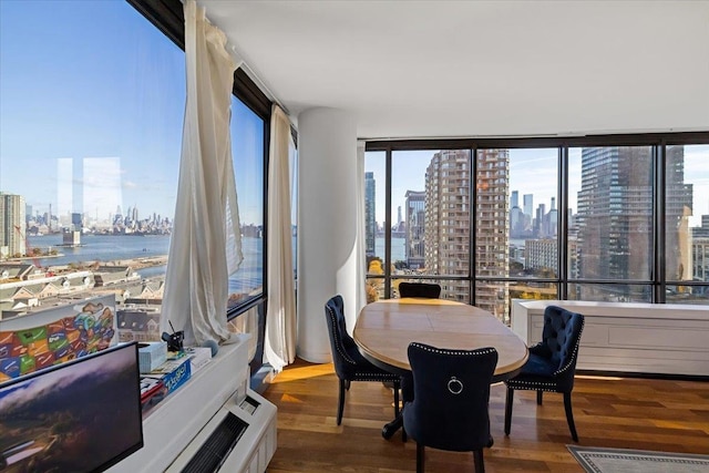 dining area with hardwood / wood-style floors and floor to ceiling windows