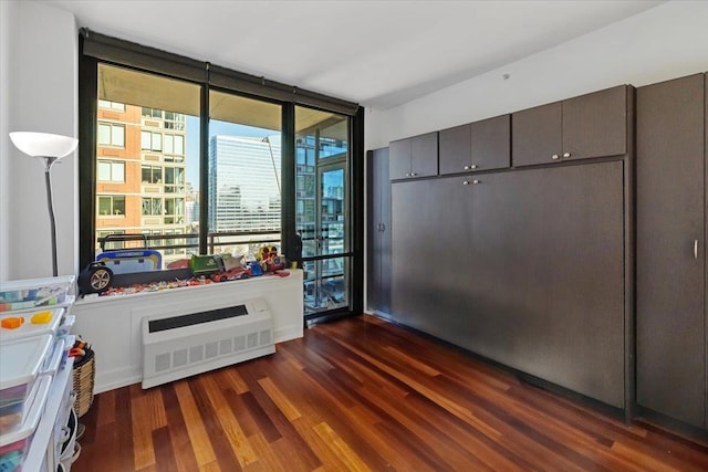 doorway with dark hardwood / wood-style floors, floor to ceiling windows, and heating unit