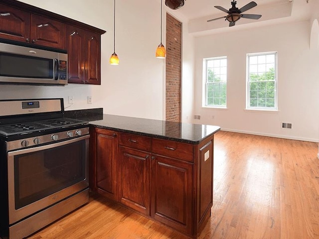 133 Lafayette St Unit 3R, Jersey City, NJ 07304 - kitchen with stainless steel appliances, light wood-style floors, a peninsula, and ceiling fan