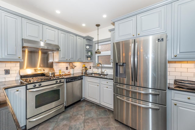 kitchen with a sink, open shelves, under cabinet range hood, stainless steel appliances, and decorative backsplash