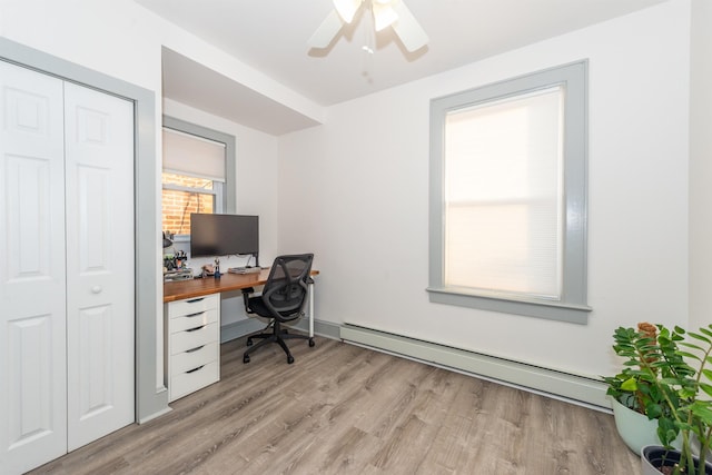 office space featuring light wood-type flooring, a ceiling fan, and a baseboard radiator