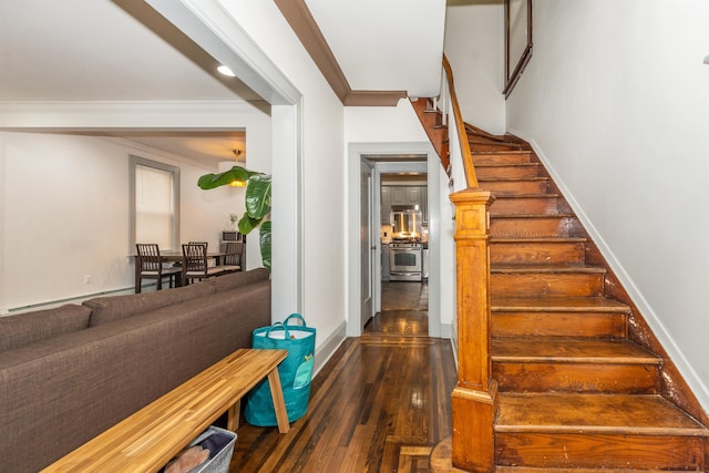 stairs with baseboards, wood-type flooring, and ornamental molding