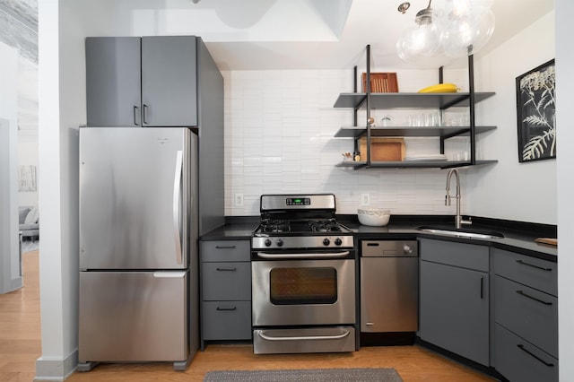 140 Bay St Unit 6E, Jersey City, NJ 07302 - kitchen featuring appliances with stainless steel finishes, dark countertops, backsplash, and gray cabinets