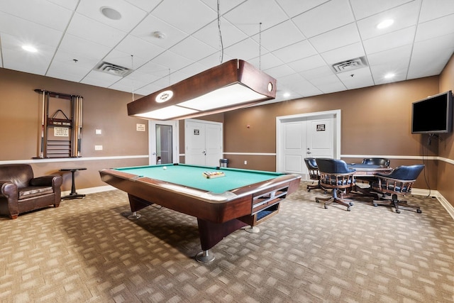 recreation room with pool table, a drop ceiling, and light colored carpet