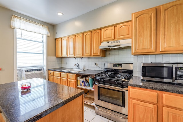 kitchen with stainless steel appliances, cooling unit, sink, light tile patterned floors, and backsplash