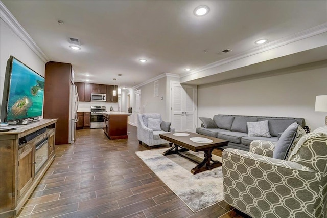 2765 Kennedy Blvd Unit 1, Jersey City, NJ 07306 - living room with ornamental molding, dark wood-style floors, and recessed lighting