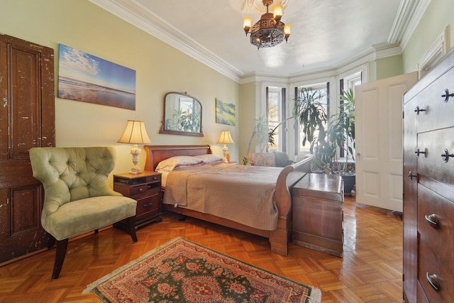 bedroom with light parquet floors, crown molding, and an inviting chandelier