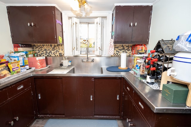 9005 Durham Ave, North Bergen, NJ 07047 - kitchen with stainless steel counters, decorative backsplash, crown molding, and dark brown cabinetry
