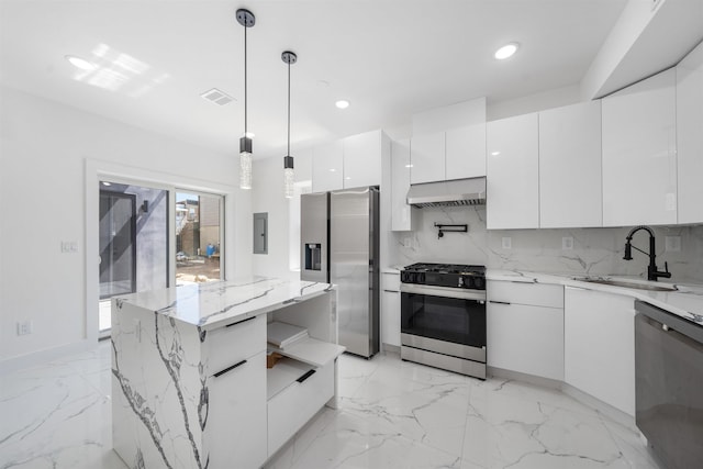 103 Poplar St Rear House, Rear House, Jersey City, NJ 07307 - kitchen featuring stainless steel appliances, modern cabinets, under cabinet range hood, a sink, and a kitchen island