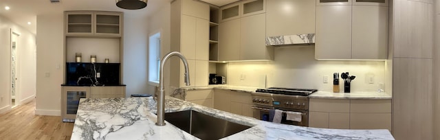 kitchen featuring a sink, high end range, and modern cabinets