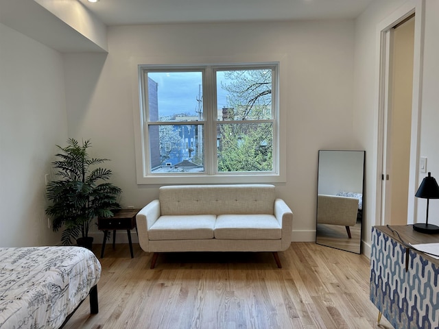 bedroom featuring light wood-type flooring, baseboards, and multiple windows
