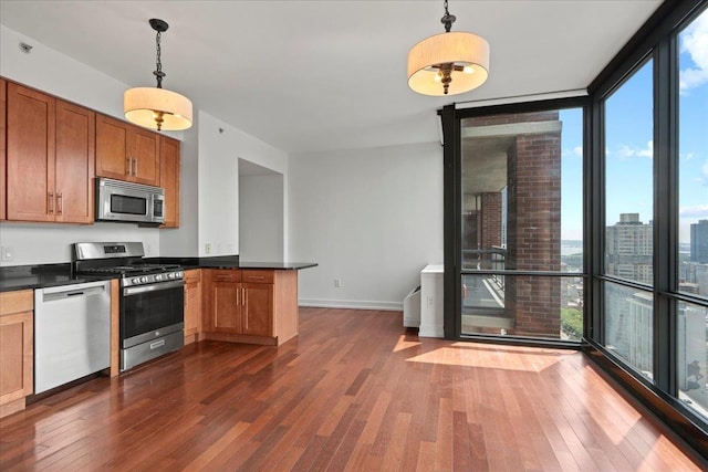 389 Washington St Unit 34E, Jersey City, NJ 07302 - kitchen with appliances with stainless steel finishes, floor to ceiling windows, a peninsula, dark countertops, and dark wood-style flooring