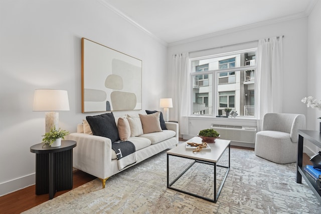 217 Newark Ave Unit 210, Jersey City, NJ 07302 - living area featuring crown molding, wood finished floors, and a wall mounted air conditioner