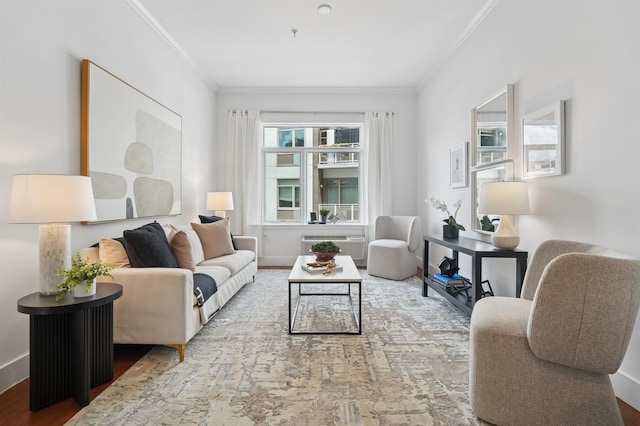 217 Newark Ave Unit 210, Jersey City, NJ 07302 - living room featuring ornamental molding, wood finished floors, and an AC wall unit