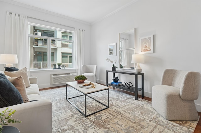 217 Newark Ave Unit 210, Jersey City, NJ 07302 - living room featuring crown molding, wood finished floors, and a wall mounted AC
