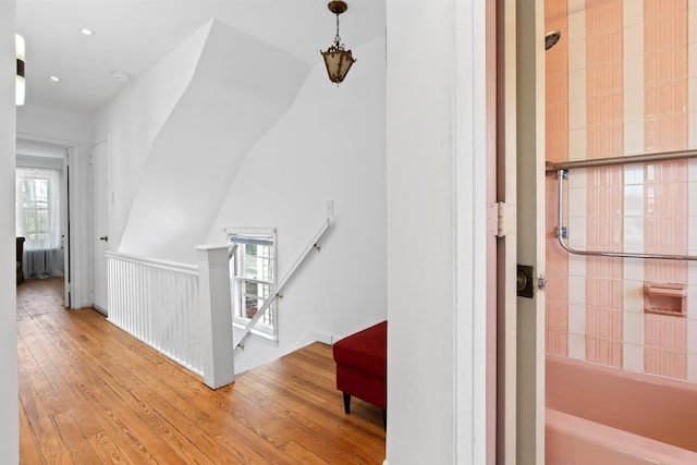 83 W 38th St, Bayonne, NJ 07002 - hall with an upstairs landing, plenty of natural light, hardwood / wood-style floors, and recessed lighting