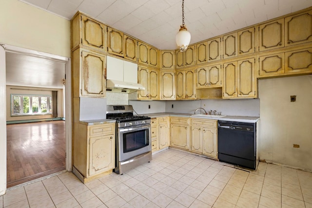6 Stegman Pl, Jersey City, NJ 07305 - kitchen featuring stainless steel range with gas cooktop, dishwasher, under cabinet range hood, a sink, and light tile patterned floors