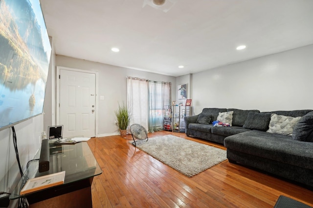 12 Bayview Ave, Jersey City, NJ 07305 - living room with hardwood / wood-style flooring, baseboards, and recessed lighting