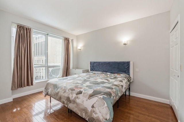 bedroom with wood-type flooring and a closet