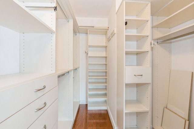 walk in closet with dark wood-type flooring