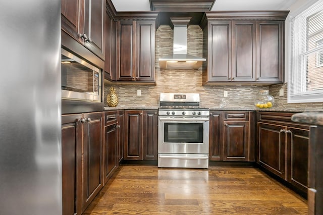 2175 Edwin Ave, Fort Lee, NJ 07024 - kitchen featuring appliances with stainless steel finishes, wall chimney exhaust hood, light stone countertops, and tasteful backsplash