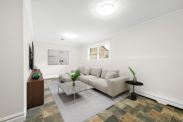 2175 Edwin Ave, Fort Lee, NJ 07024 - living area featuring stone finish flooring, ornamental molding, and baseboards