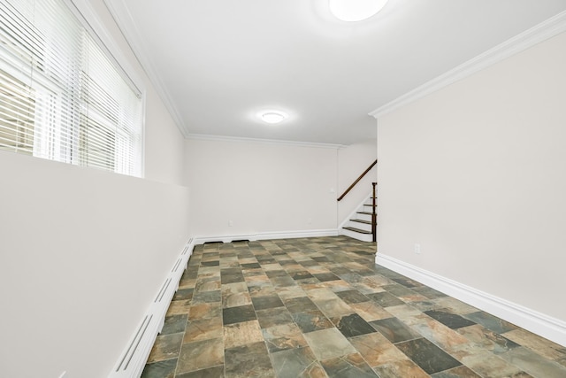 2175 Edwin Ave, Fort Lee, NJ 07024 - basement with stairway, baseboards, ornamental molding, and stone finish flooring