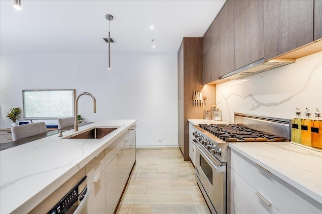 kitchen with modern cabinets, a sink, backsplash, and high end stainless steel range