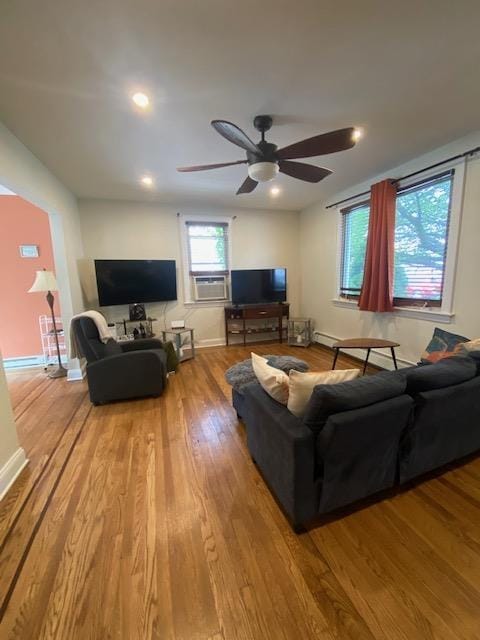 6 Stone Ave, Elmwood Park, NJ 07407 - living room with wood finished floors, cooling unit, ceiling fan, and recessed lighting