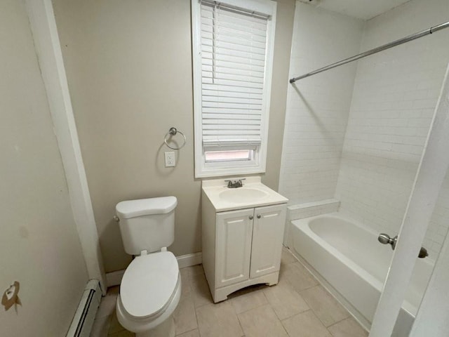 313 Pearsall Ave, Jersey City, NJ 07305 - full bathroom featuring a baseboard heating unit, tile patterned floors, toilet, vanity, and shower / tub combination